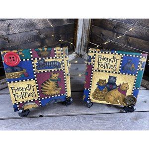 Set Of 2 Primitive Country Friendly Felines Cats Decor Decoupage Ceramic Tiles